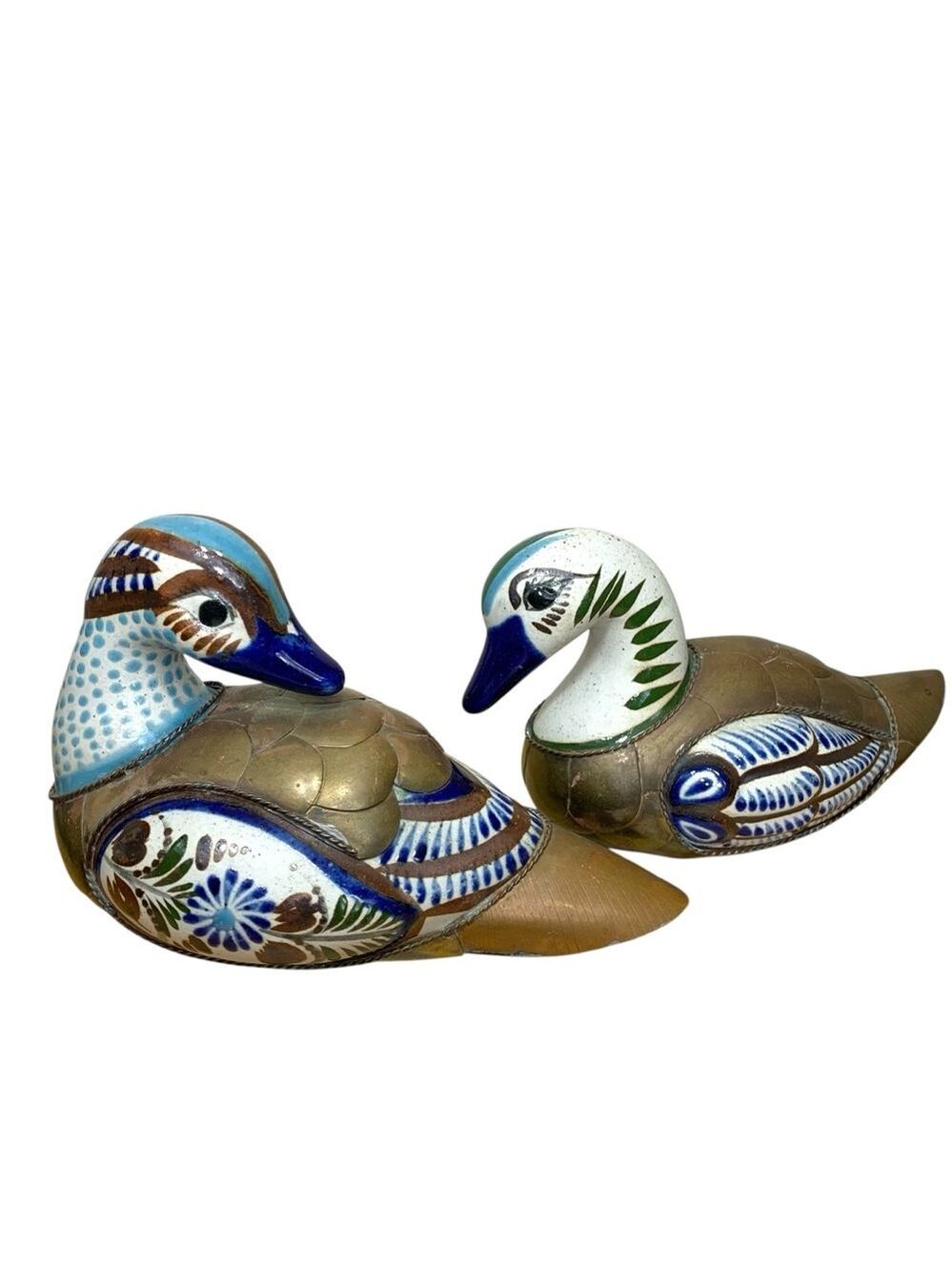Vintage Handcrafted Tonala Ceramic Metal Bird Duck Mexican 2 Figurines Bronze